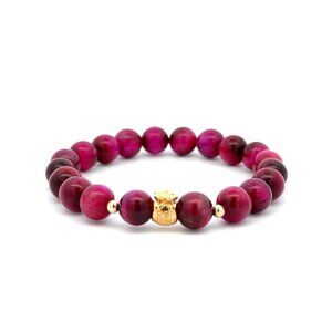 18K Gold Money Bag Lucky Charm Beads Bracelet Gemstones Pink Tiger's Eye 8mm